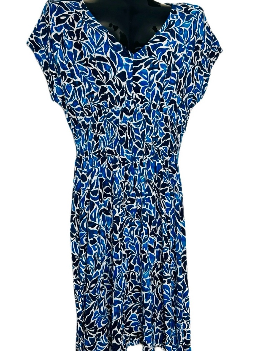 Blue Floral Print Women's Dress - Elegant V-Neck - Picture 7 of 14